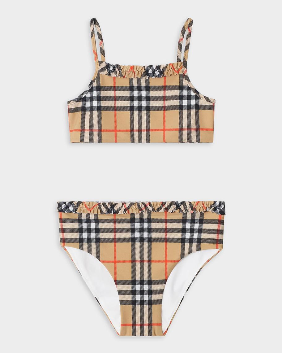Burberry Girl's Ruffe-Trim Check Two-Piece Swimsuit, Size 3-14
