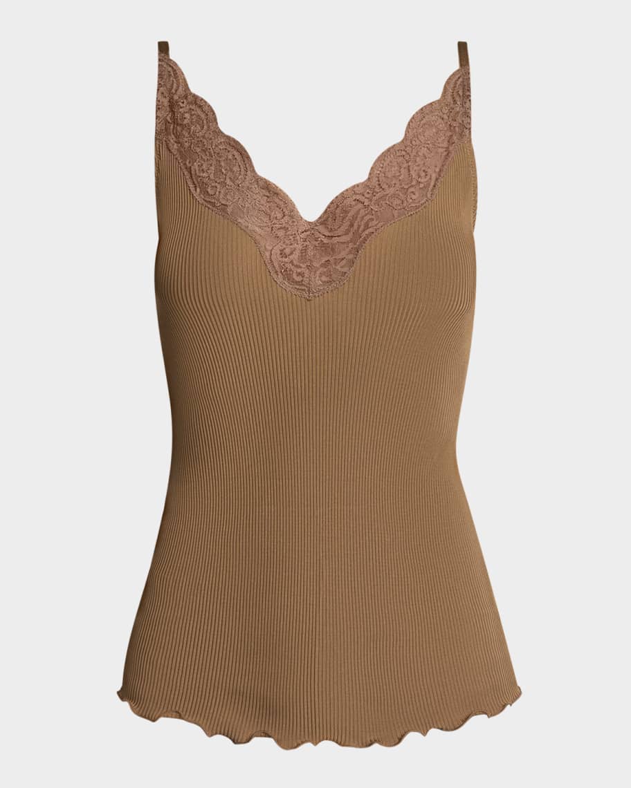Saint Laurent Lace V-Neck Ribbed Tank Top | Neiman Marcus