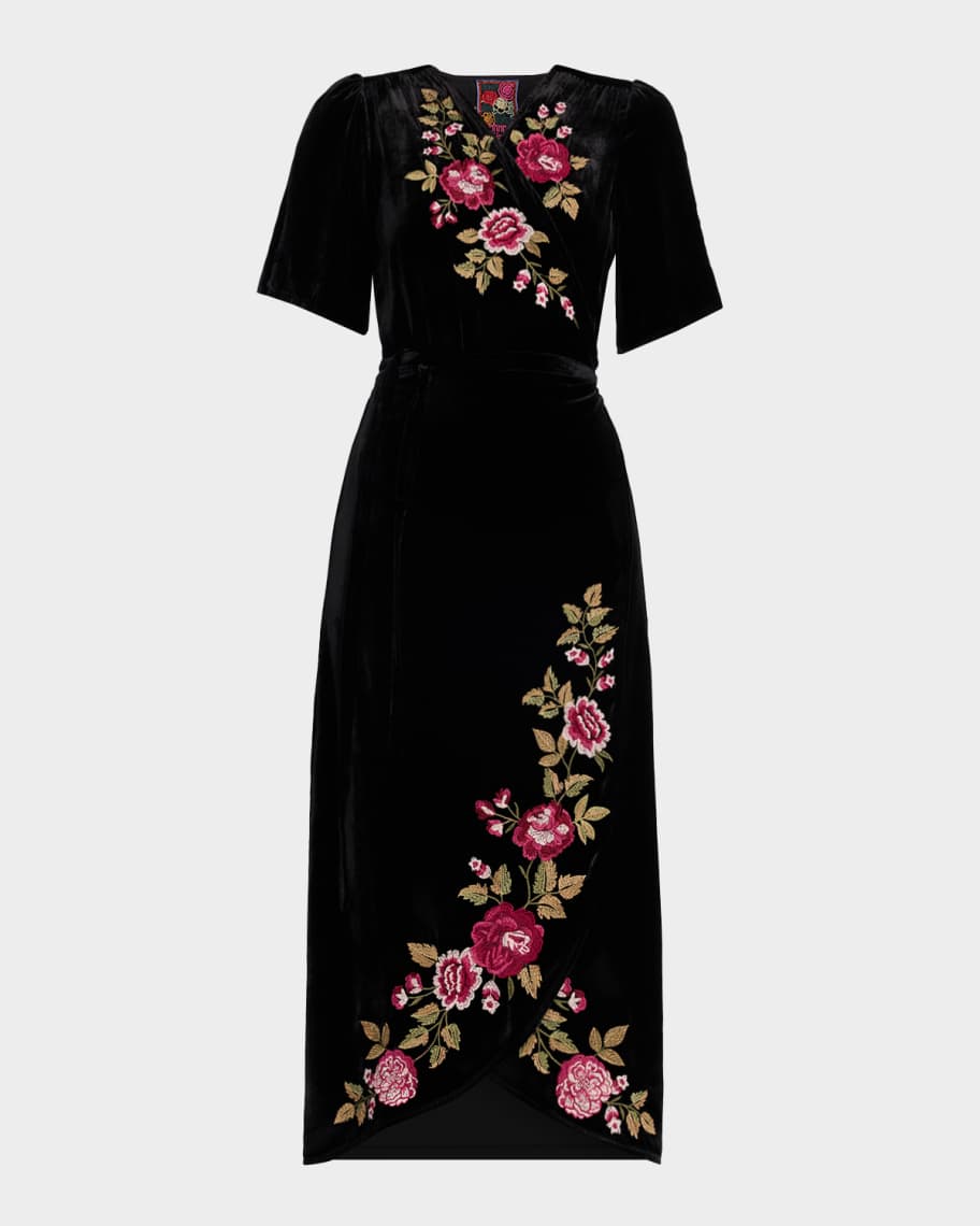 Johnny Was Floral-Embroidered Velvet Midi Wrap Dress | Neiman Marcus