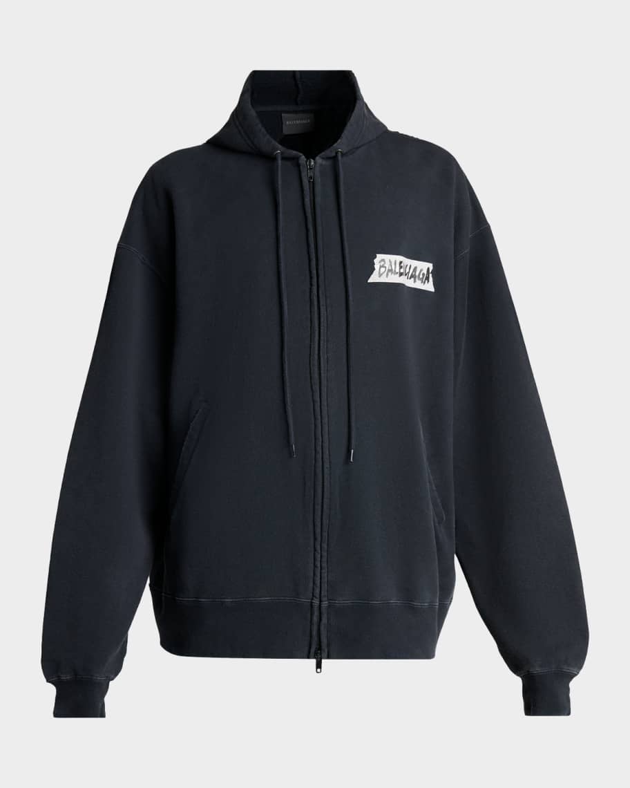 Balenciaga Men's Masking Tape Oversized-Fit Faded Fleece Full-Zip