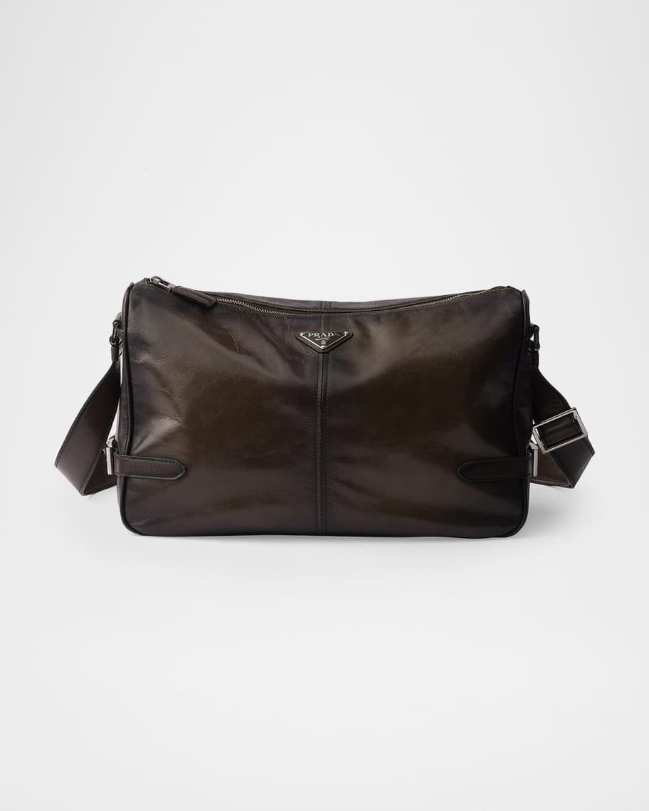 Prada Men's Antiqued Leather Zipper Shoulder Bag | Neiman Marcus