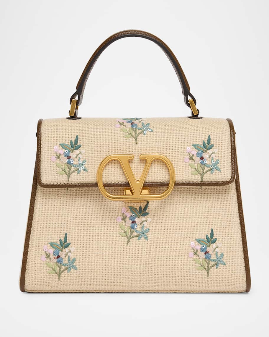 Valentino Garavani Small Floral-Embroidered Woven Flax Top-Handle