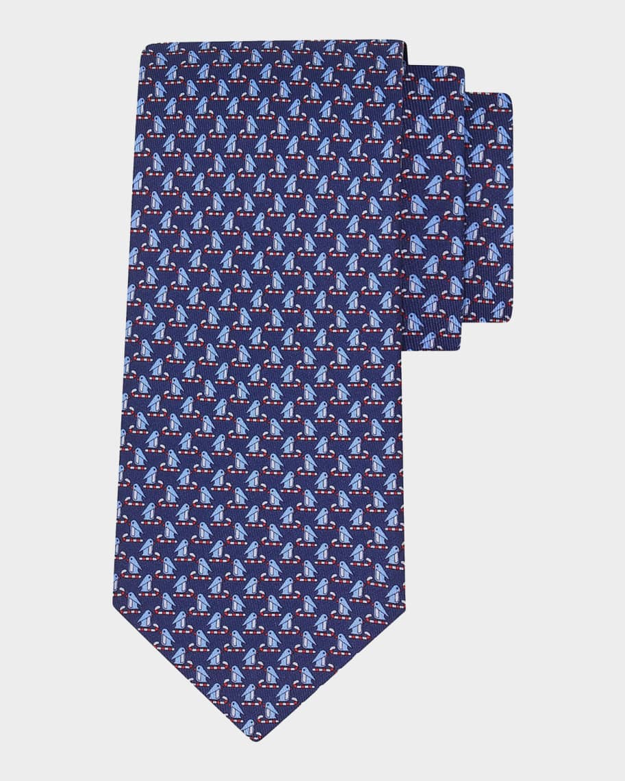 Ferragamo Men's Candy Cane Penguin Micro-Print Silk Tie | Neiman