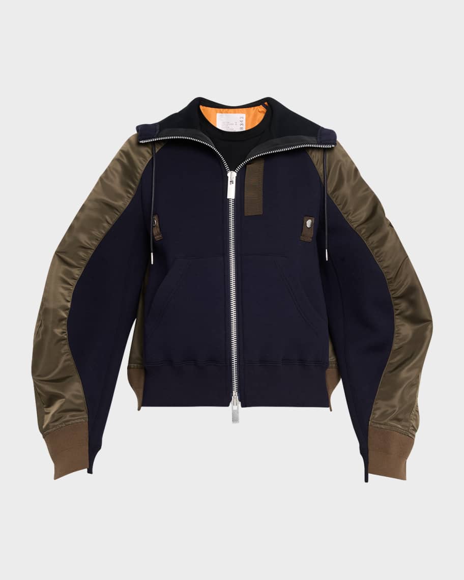 SACAI Mixed-Media Zip Hooded Jacket | Neiman Marcus