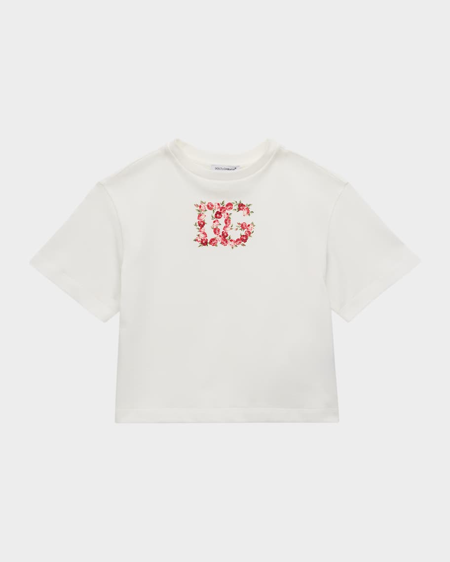 Dolce&Gabbana Girl's Floral DG Logo Jersey T-Shirt, Size 8-12