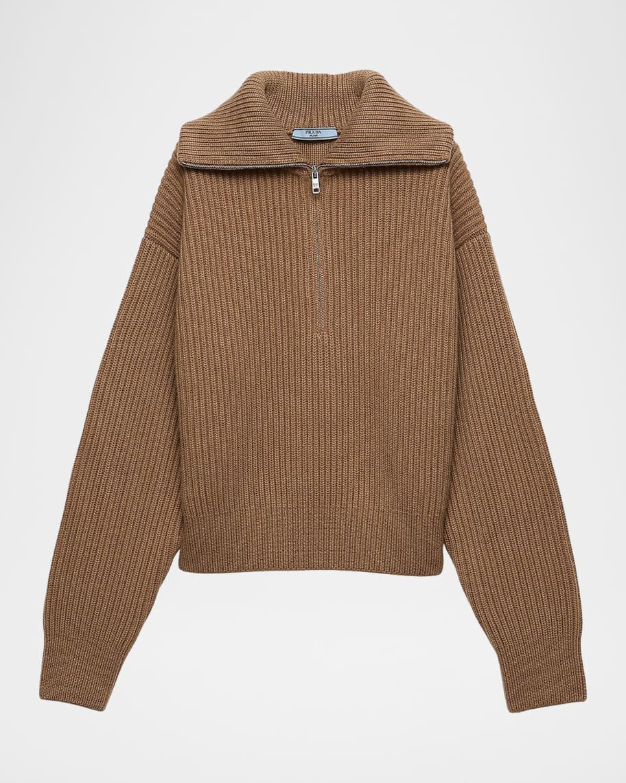 Prada Cashmere Ribbed Elbow-Patch Quarter-Zip Sweater | Neiman Marcus