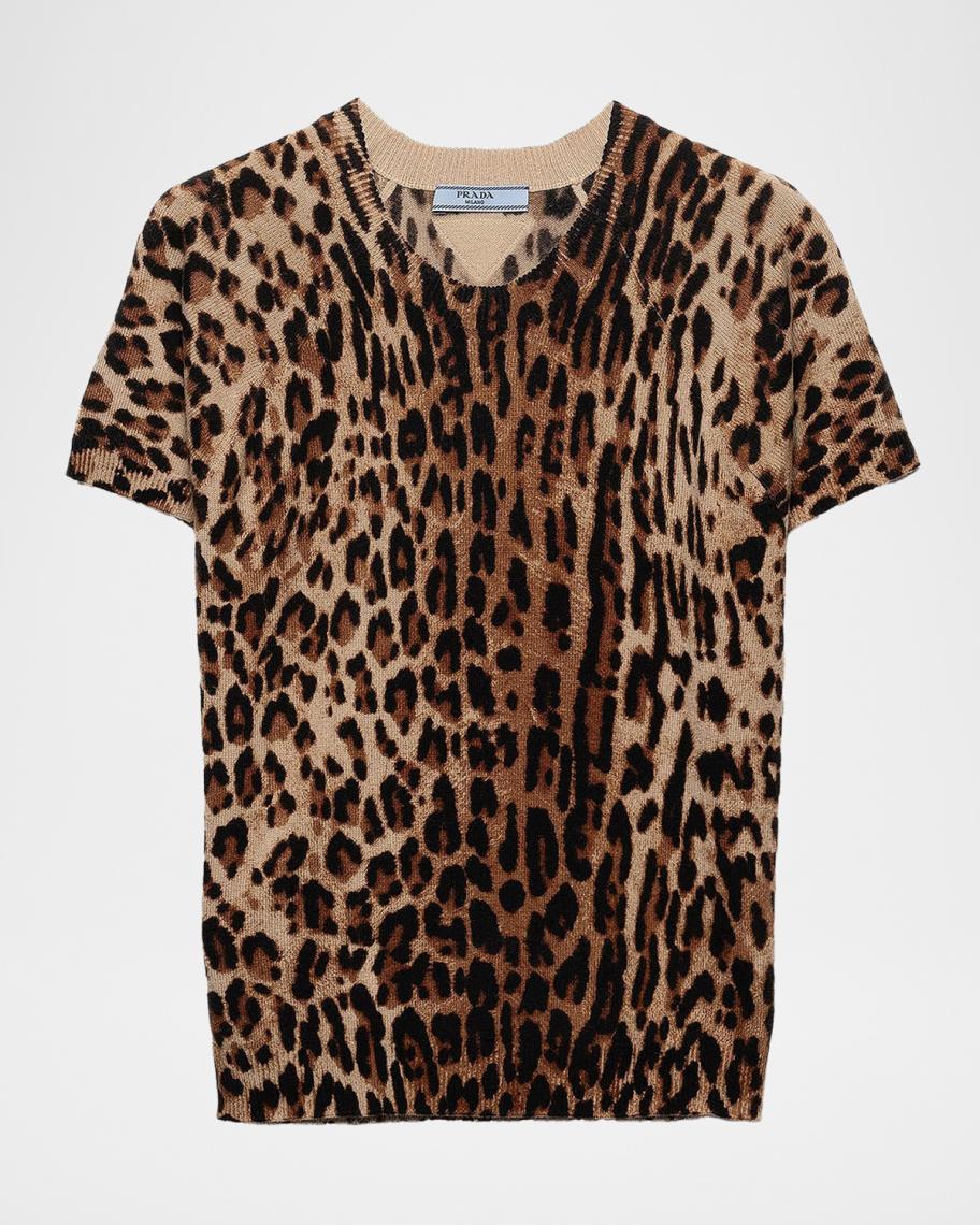 Prada Short-Sleeved Leopard-Print Cashmere Sweater | Neiman Marcus