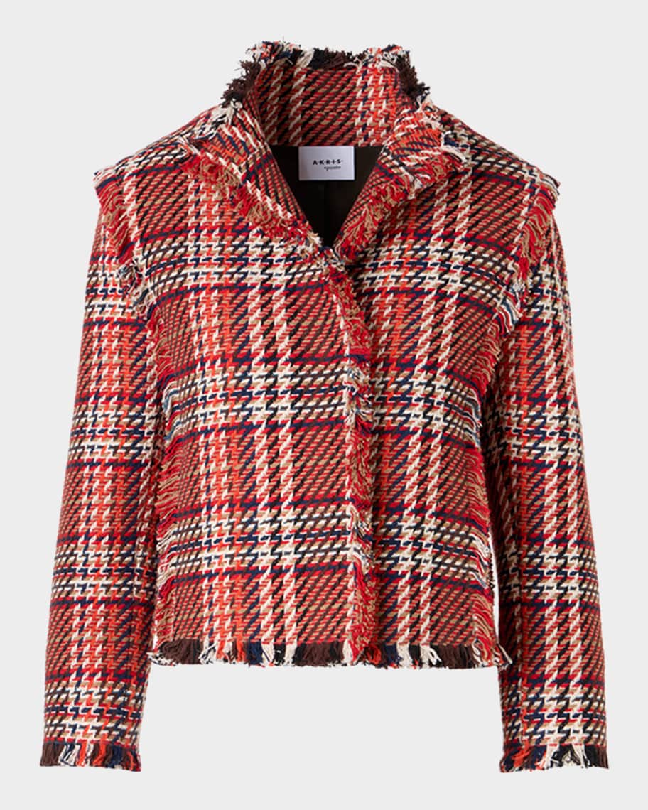 Akris punto Multi-Color Check Fringed Tweed Single-Breasted Jacket