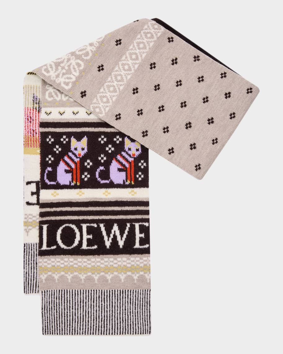 Loewe x Louis Wain Futurist Cat Fair Isle Scarf | Neiman Marcus