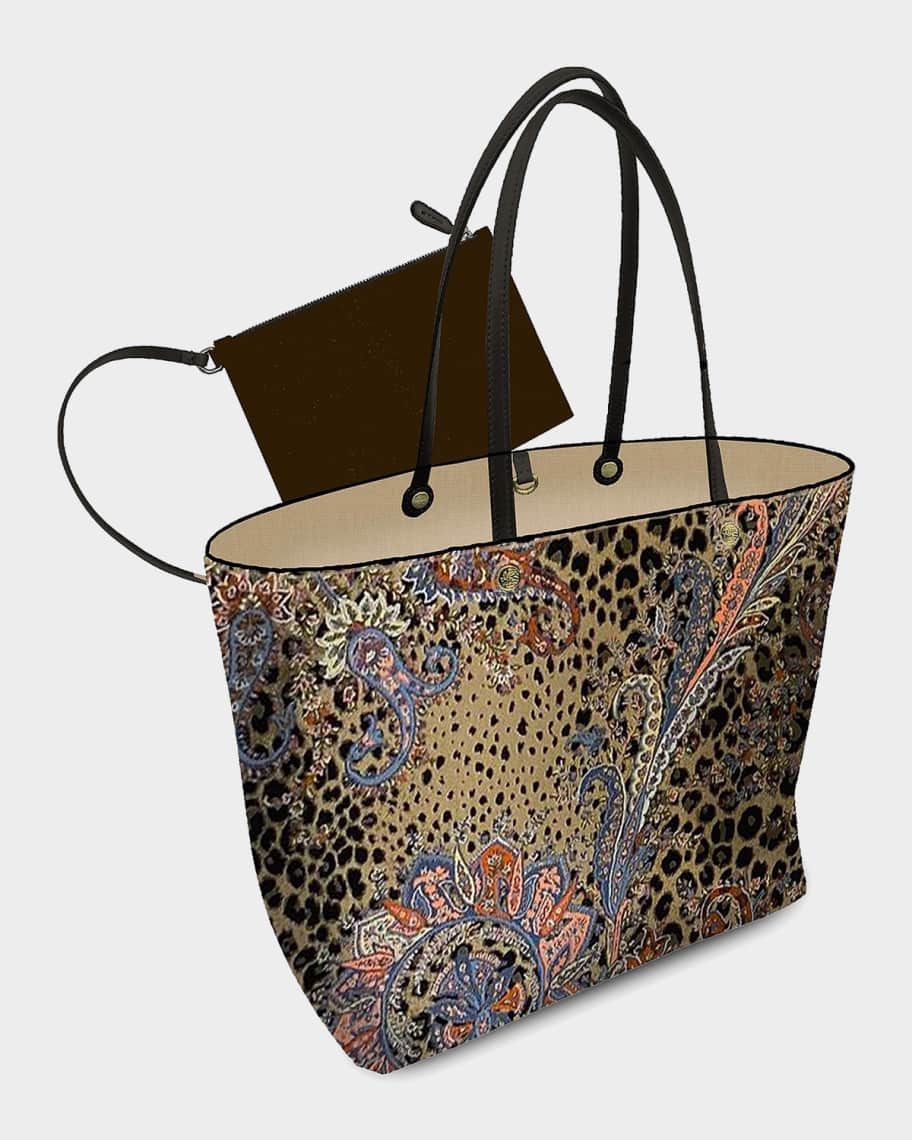 Etro Paisley-Leopard Jacquard Leather-Trim Tote Bag | Neiman Marcus