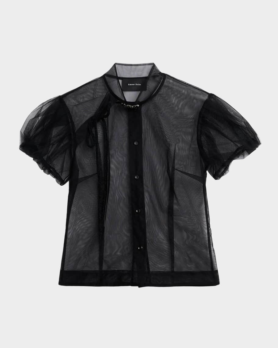 Simone Rocha ビジュー　パール　チュール　パフスリーブ　トップス Simone Rocha Sheer Tulle Puff-Sleeve Button-Down Shirt | Neiman Marcus