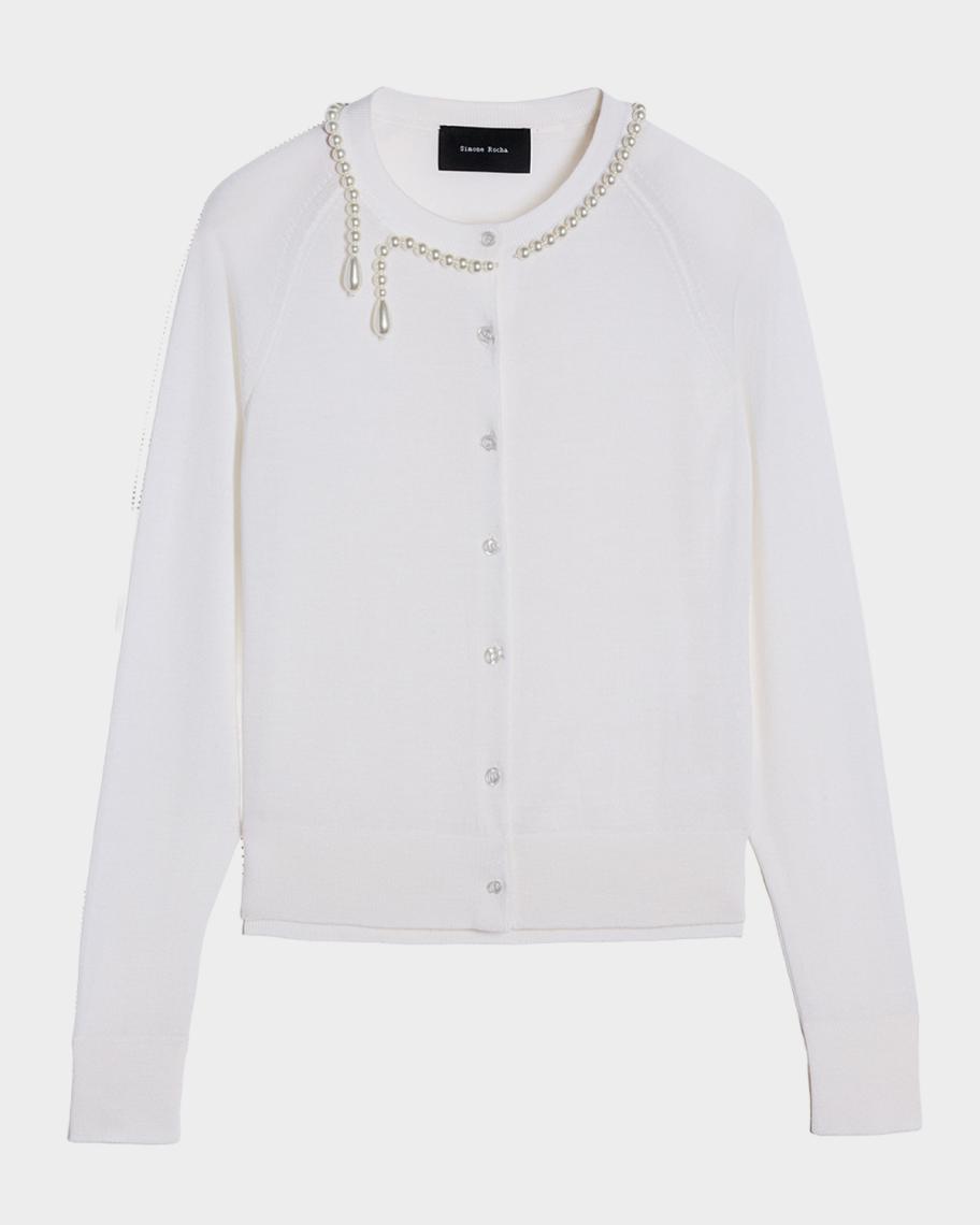 Simone Rocha Pearly Classic Merino Crewneck Cardigan | Neiman Marcus