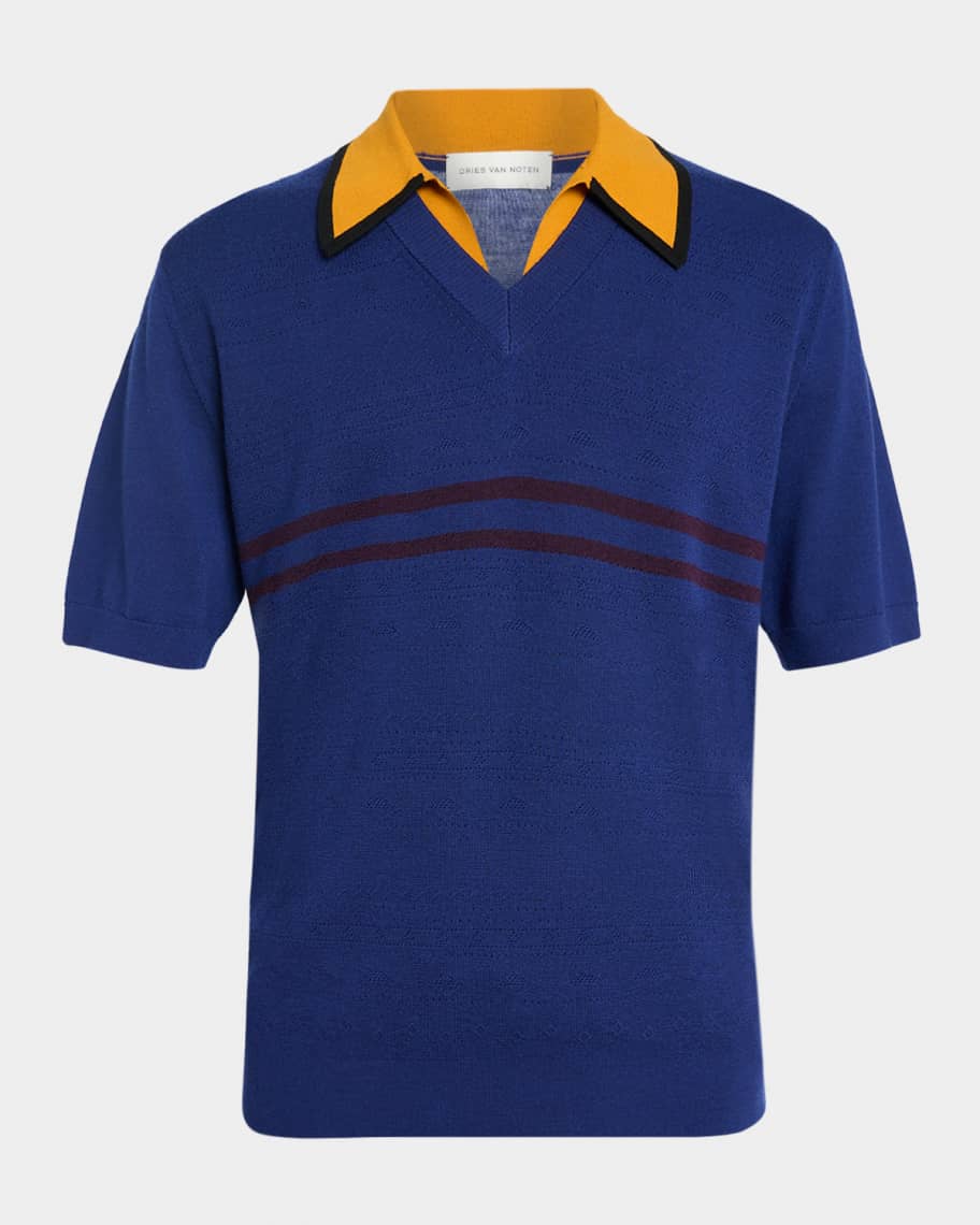 Dries Van Noten Men's Contrast-Trim Knit Polo Sweater | Neiman Marcus
