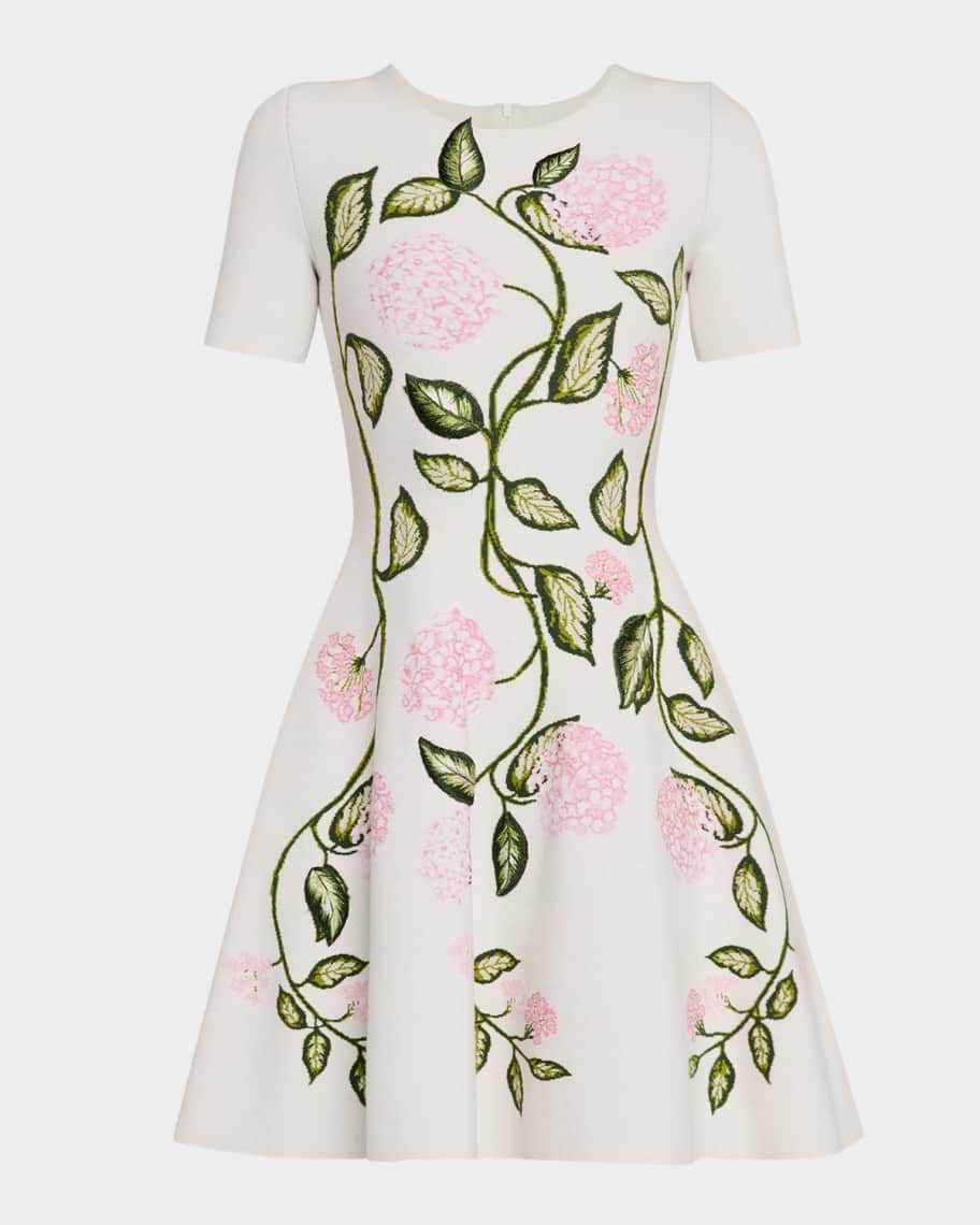 Oscar de la Renta Short-Sleeve Porcelain Flower Knit Mini Dress