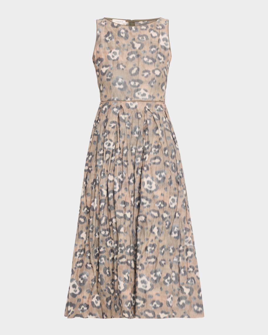 pleated leopard print georgette midi dress Lafayette 148 New York Women's Leopard Warp Print Crinkled Taffeta Fit & Flare Dress - Gray