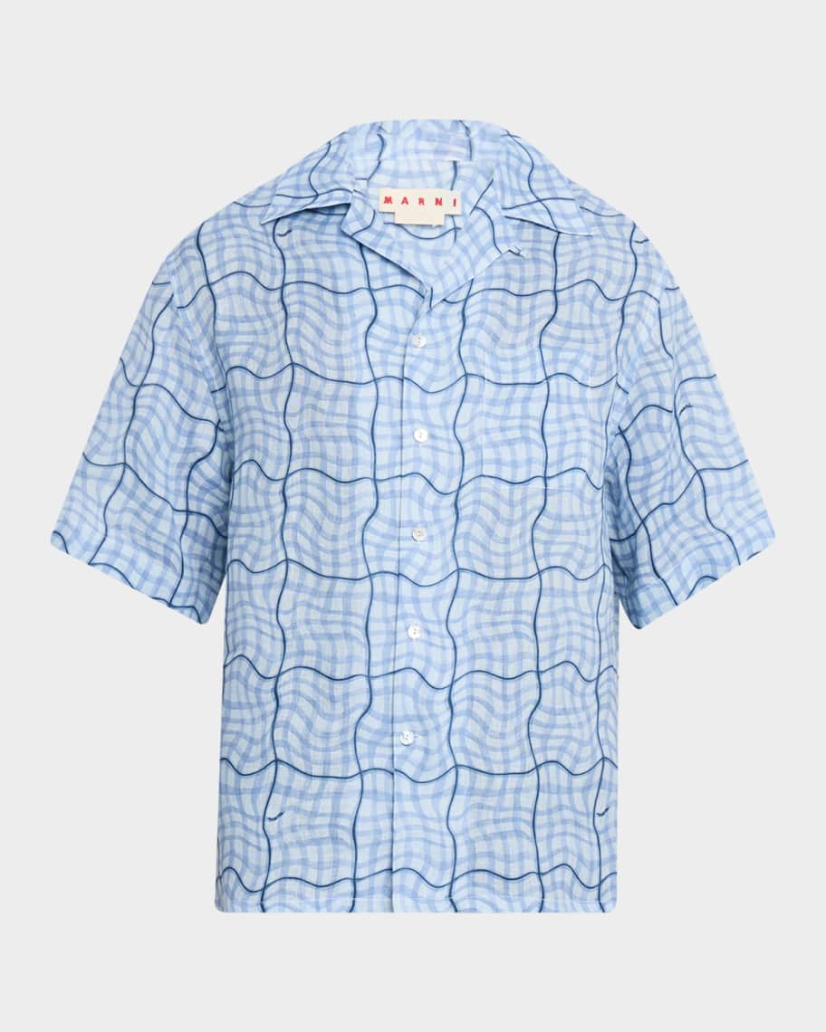 Marni Men's Linen Wavy Grid Plaid Short-Sleeve Shirt | Neiman Marcus