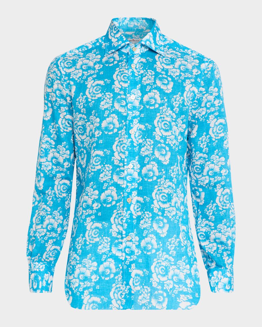 Kiton Men's Cotton Floral-Print Sport Shirt, Aqua, Men's, 2X-L, Shirts Tops Casual Button Down Sport Shirts