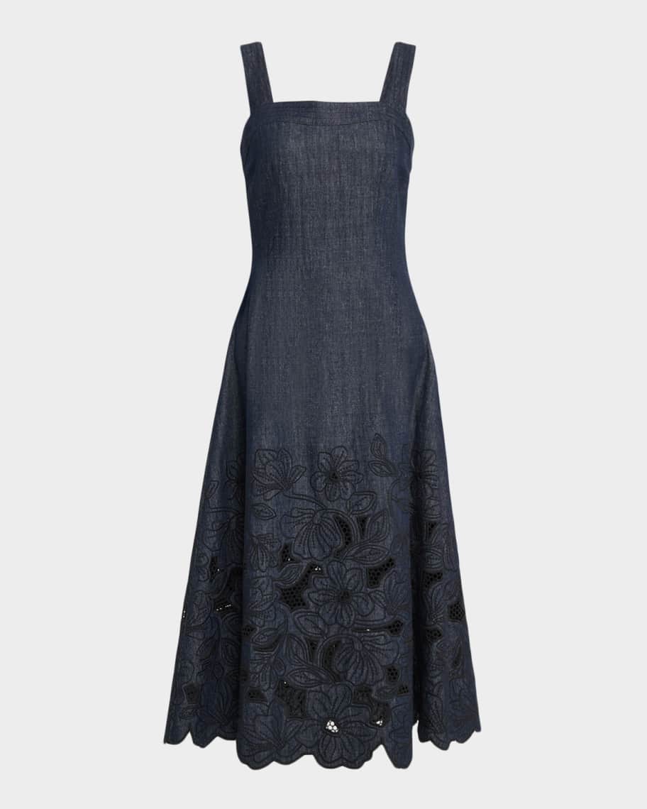 Veronica Beard Rosaura Floral-Embroidered Denim Midi Dress