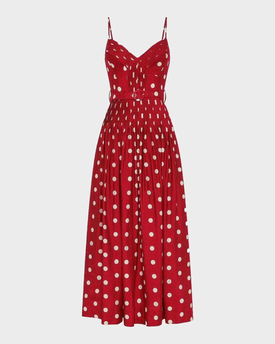 NICHOLAS Mireille Belted Polka-Dot Linen-Blend Midi Dress | Neiman