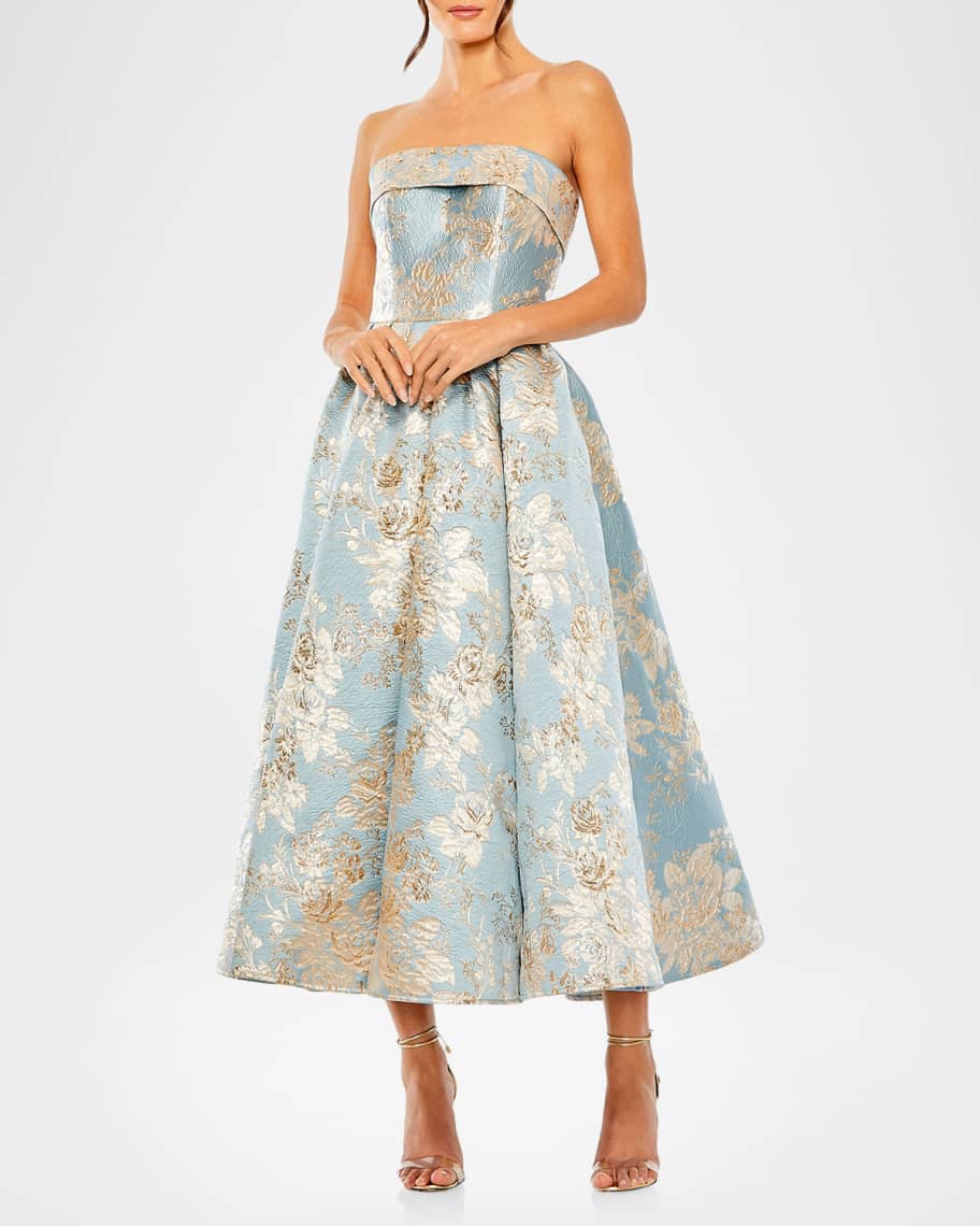 mac duggal strapless floral brocade fit & flare midi dress Mac Duggal Petite Strapless Brocade Midi Dress With Pockets
