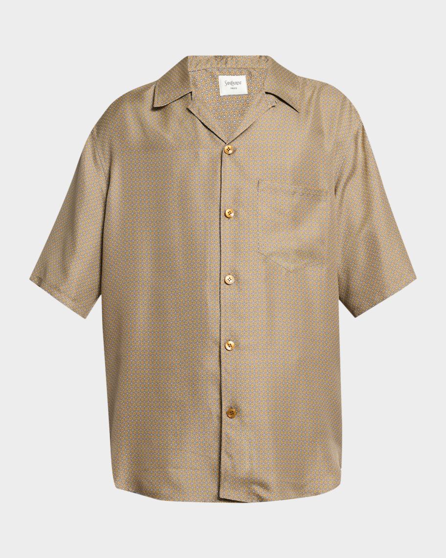 Saint Laurent Men's Silk Micro-Geometric Short-Sleeve Shirt