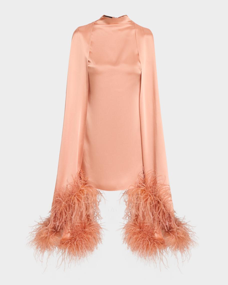 Feather Trim Satin Cape Sleeve Mini Dress