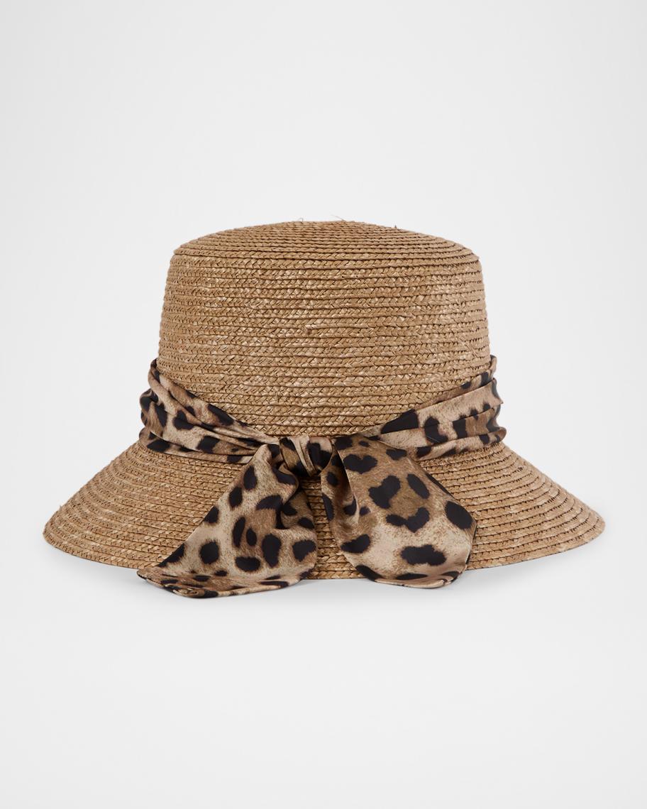 Eugenia Kim Ramona Straw Bucket Hat with Leopard-Print Bow  display picture 2