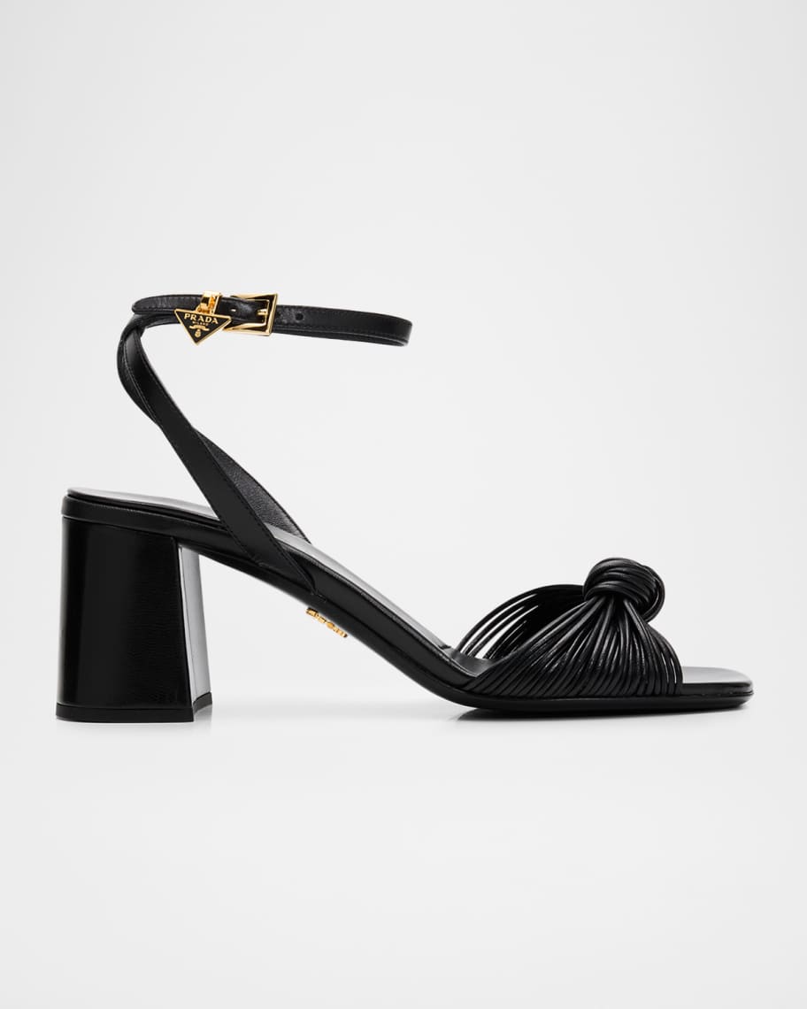 Prada 65mm Knotted Leather Block-Heel Sandals | Neiman Marcus