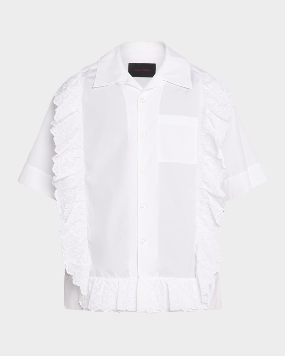 Simone Rocha Men's Ruffled Pillowcase-Trim Poplin Short-Sleeve
