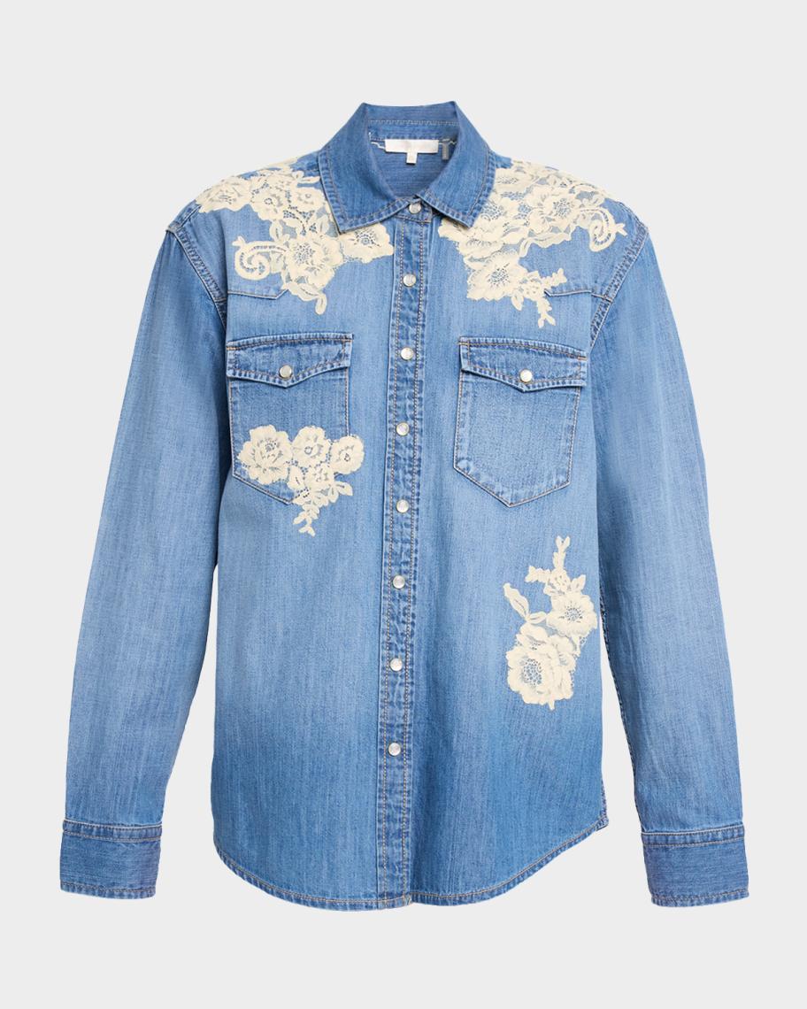 LoveShackFancy Kelith Floral Embroidered Denim Shirt | Neiman Marcus