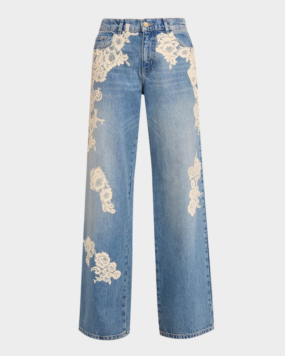 LoveShackFancy Bambie Lace Applique Jeans | Neiman Marcus