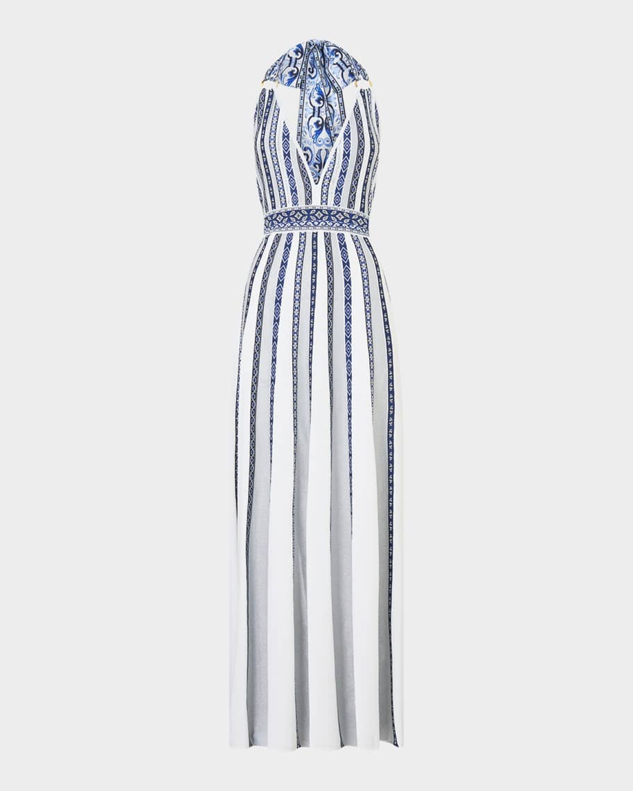 Camilla A Tiled Wonderland Halter Knit Dress with Silk Tie