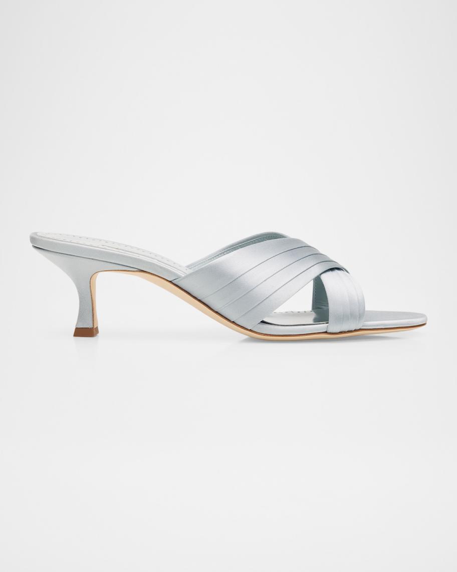 Manolo Blahnik Vieramul Pleated Satin Kitten-Heel Mule Sandals