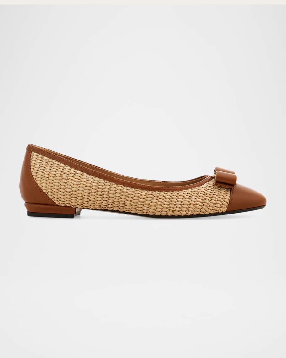 Ferragamo Varina Raffia and Leather Ballerina Flats | Neiman Marcus