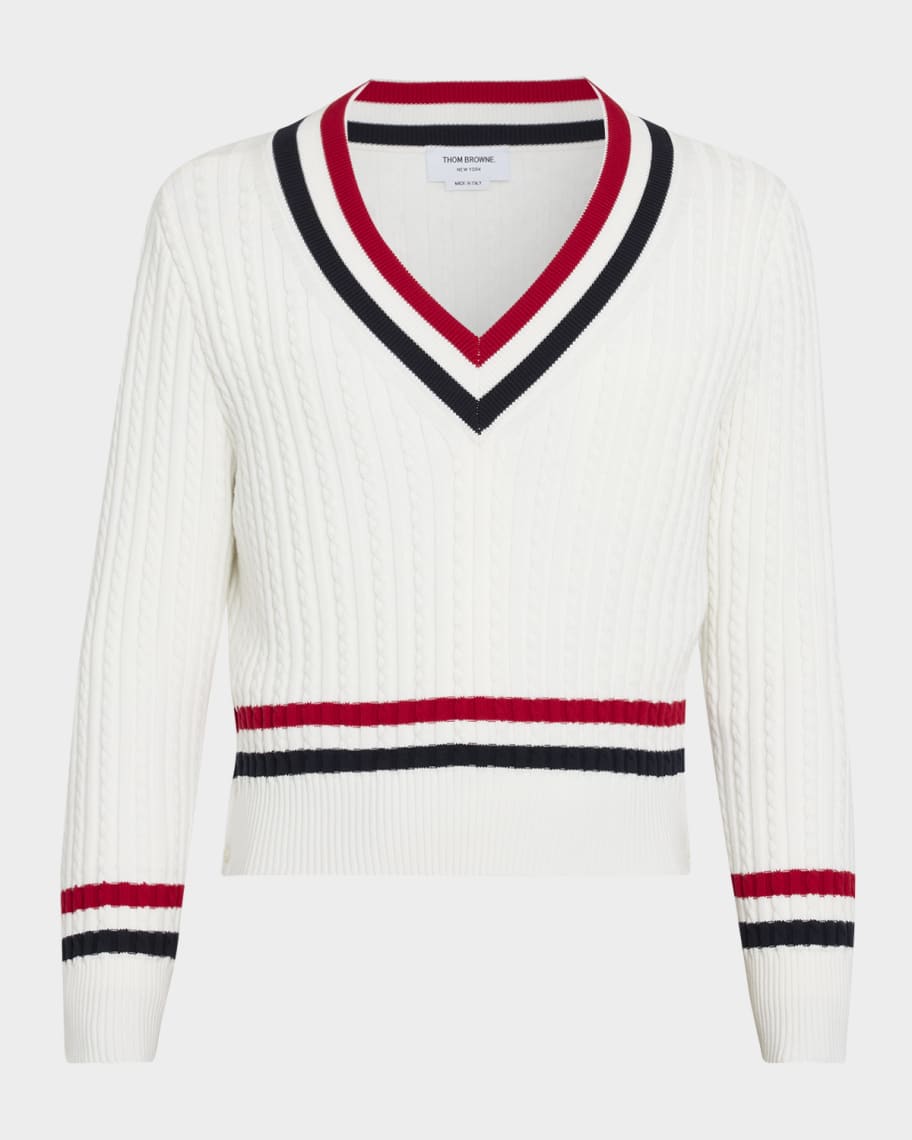 Thom Browne Men's Cotton Cable Knit Stripe-Trim V-Neck Sweater