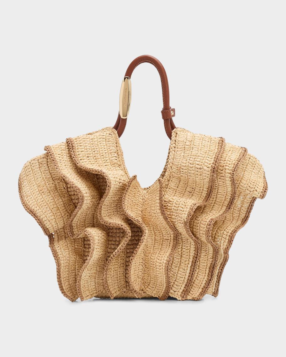 Zimmermann Goldentime Small Ruffled Raffia Tote Bag | Neiman Marcus