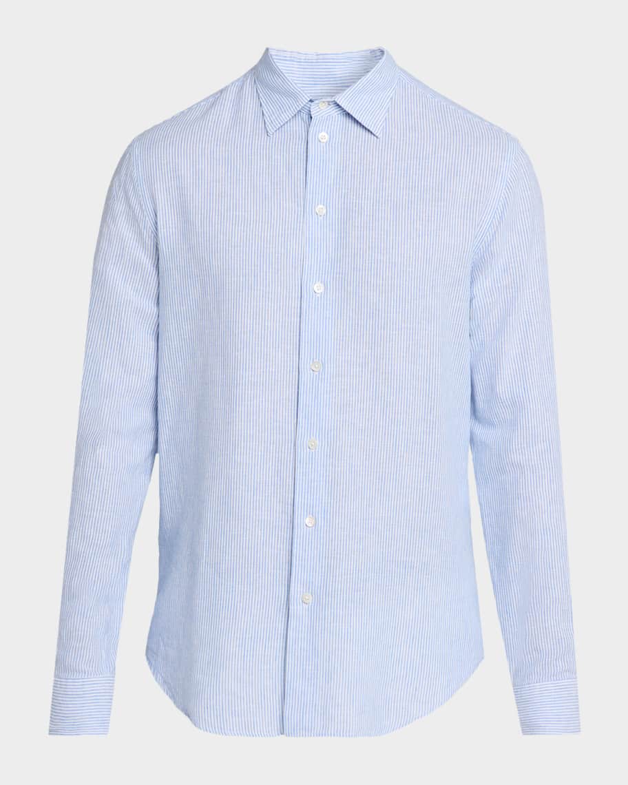 Emporio Armani Men's Cotton and Linen Fine-Stripe Sport Shirt