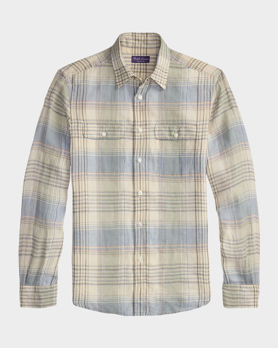 M！ Ralph Lauren Purple Label Shirt LINEN Ralph Lauren Purple Label Plaid Linen Shirt | Neiman Marcus