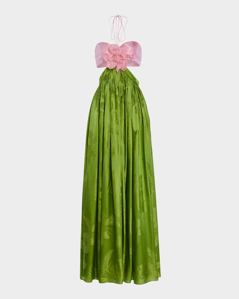 pink and green satin dress Cinzia Green Pink Floral Print Satin Maxi Dress