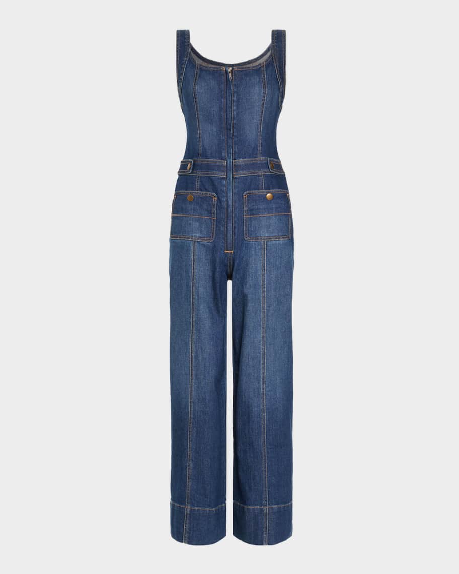 Ramy Brook Janet Cropped Wide-Leg Denim Jumpsuit | Neiman Marcus