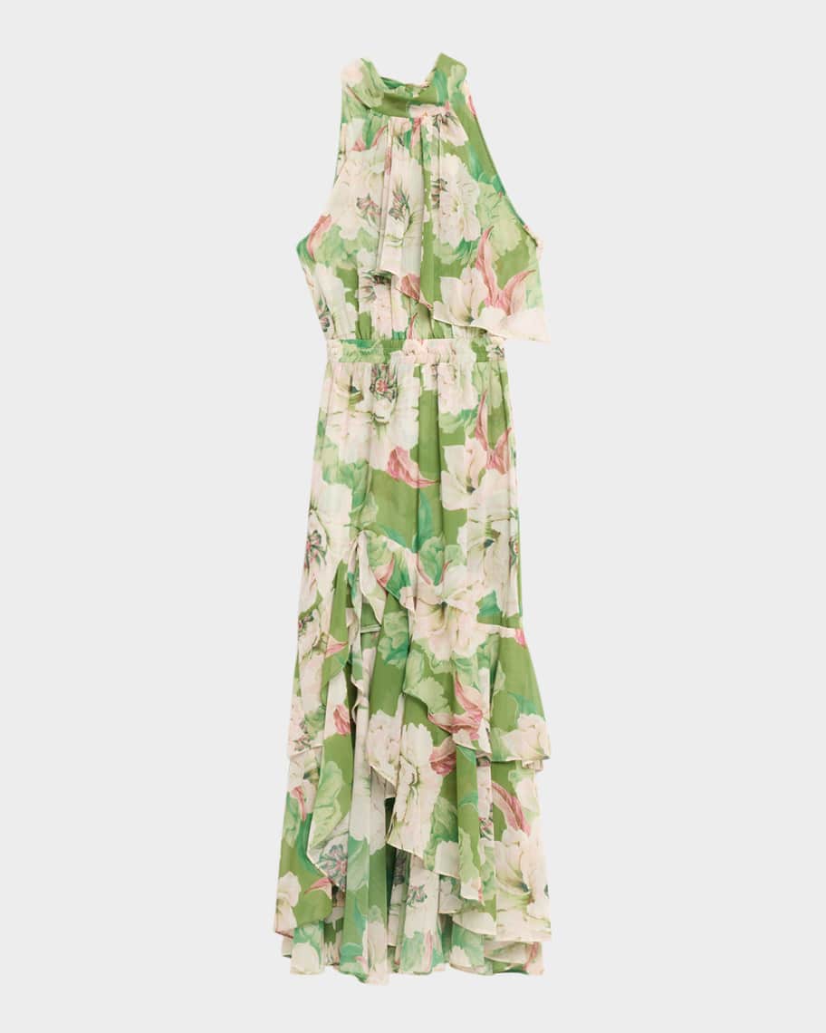 la lune ruched halter maxi dress - lemon Deanna | Lemon Asymmetric Long-Sleeve Ruched Maxi Dress main image 1