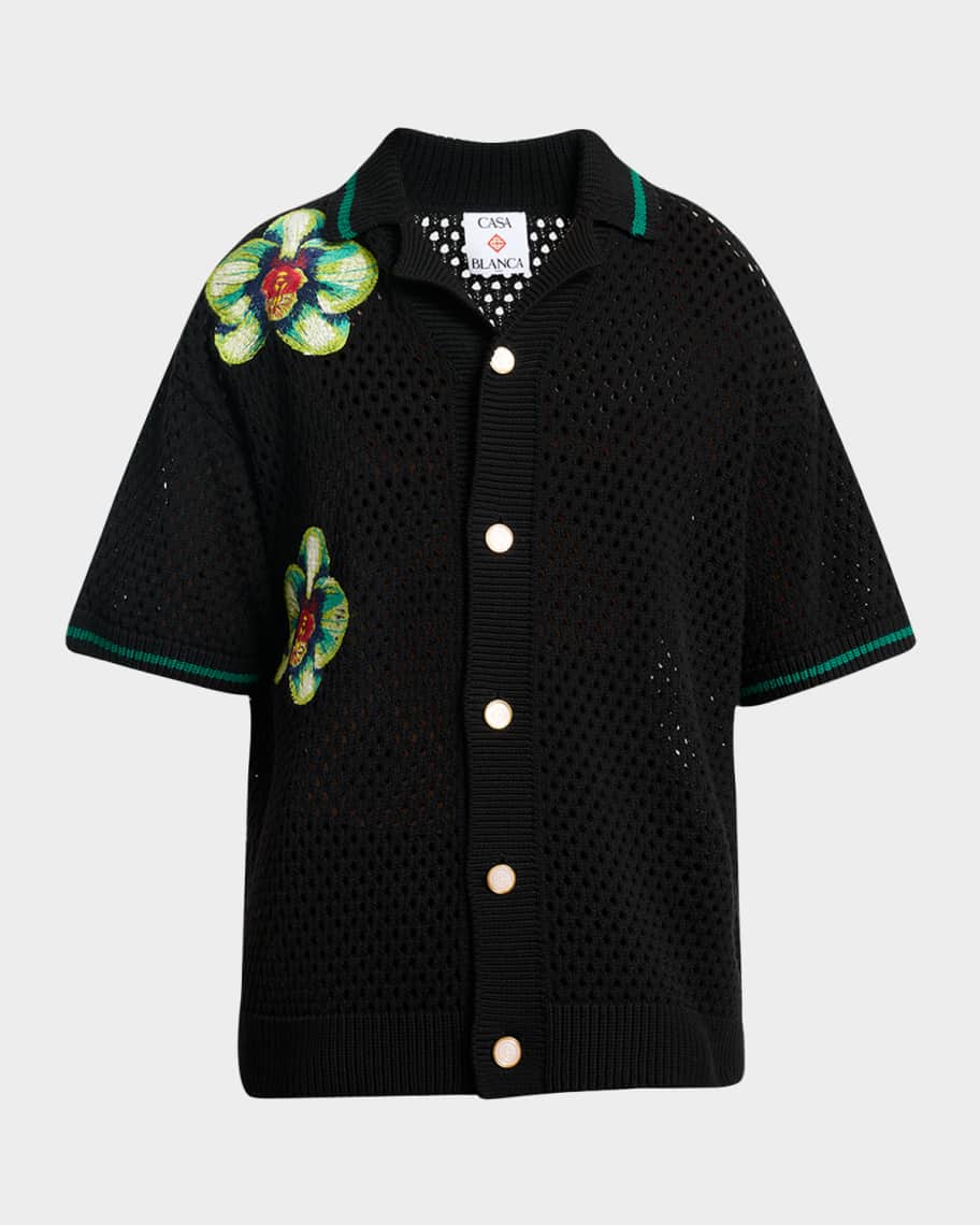 CASABLANCA Men's Orchid Embroidered Crochet Short-Sleeve Cardigan