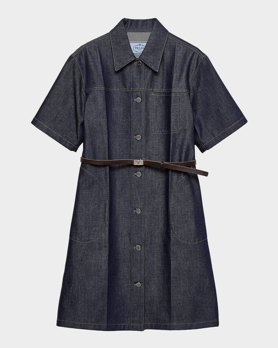 Prada Short-Sleeve Belted Denim Shirtdress | Neiman Marcus