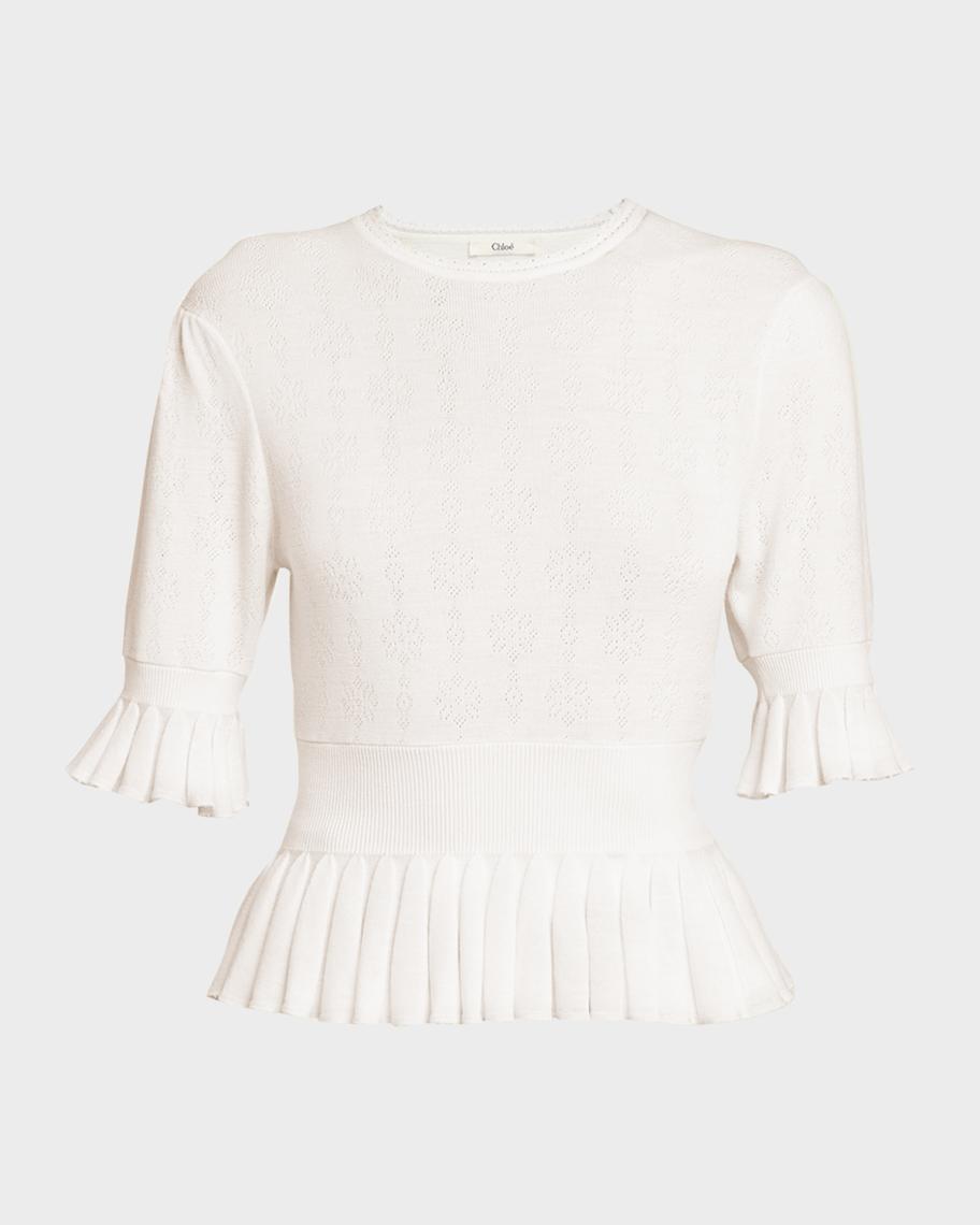 Chloe Short-Sleeve Pointelle Kit Ruffle Crewneck Sweater | Neiman