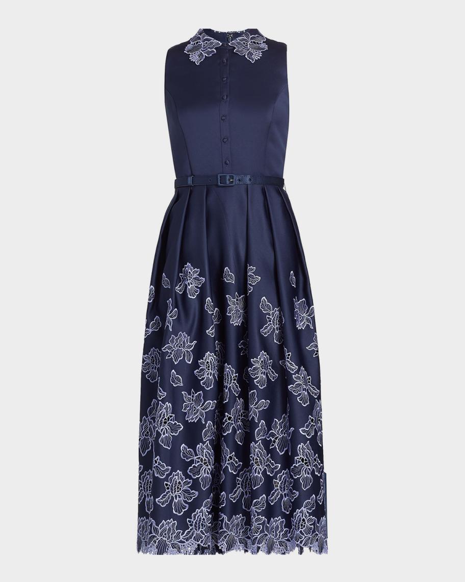 Theia Merisel Pleated Floral-Embroidered Midi Shirtdress | Neiman Marcus