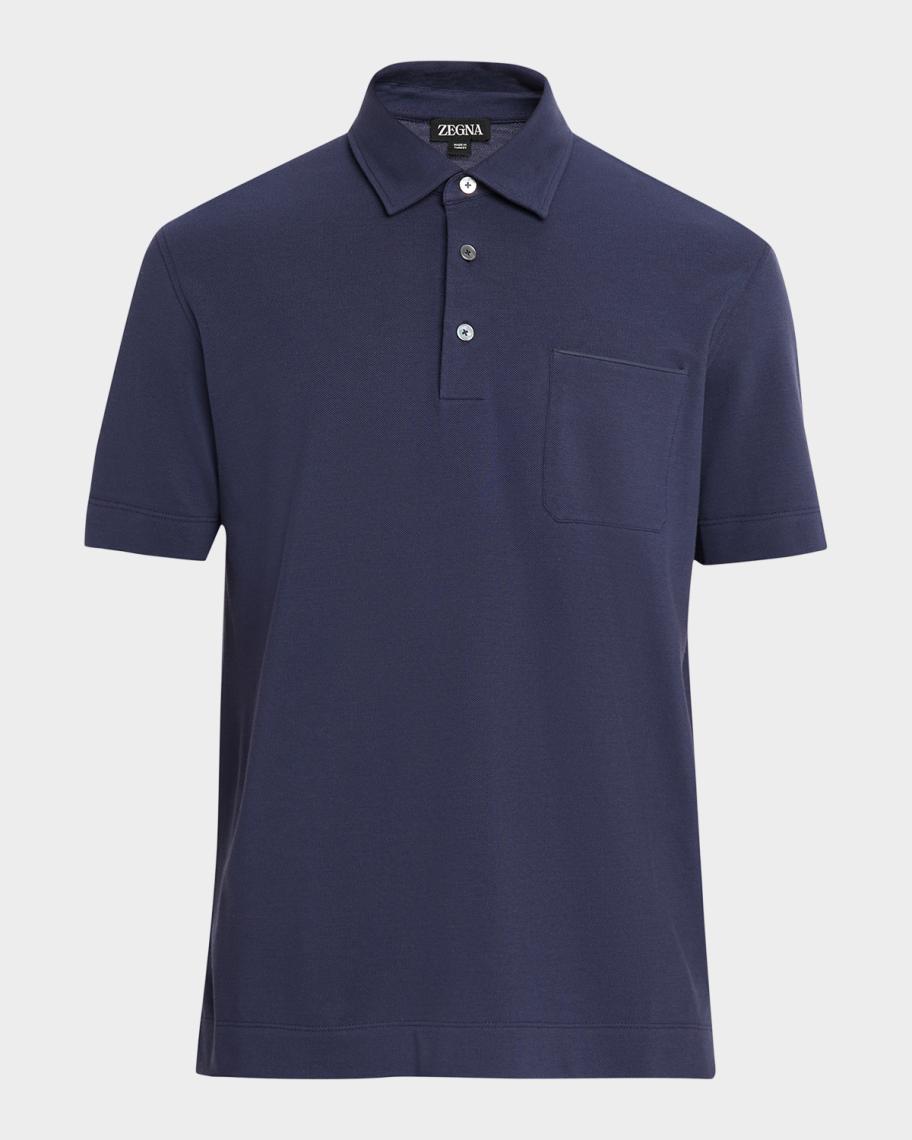 Zegna Men's Pique Polo Shirt with Leather-Trim Pocket