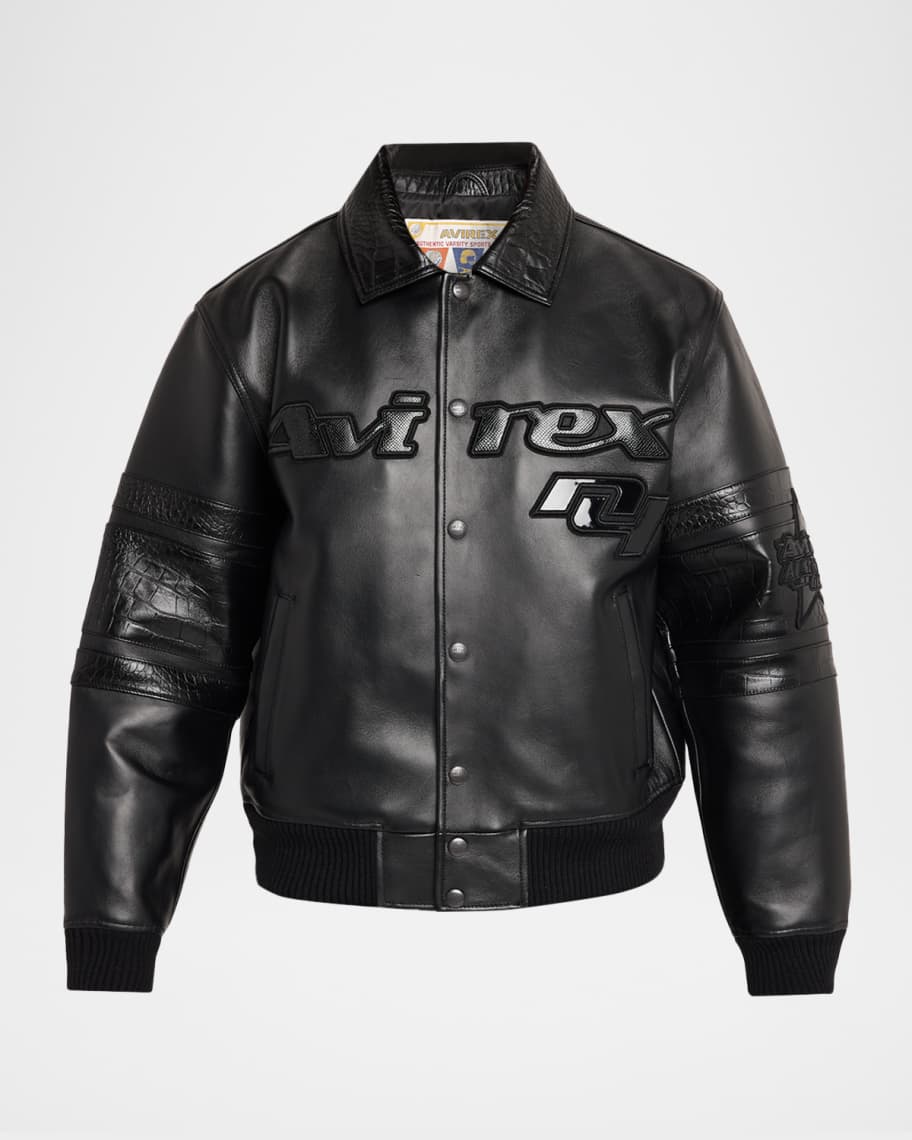 AVIREX Men's Legends Leather Croc-Effect Trim Bomber Jacket