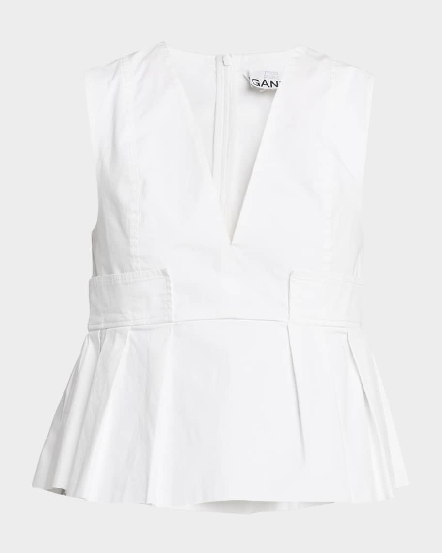 Ganni V-Neck Pleated Cotton Peplum Top | Neiman Marcus