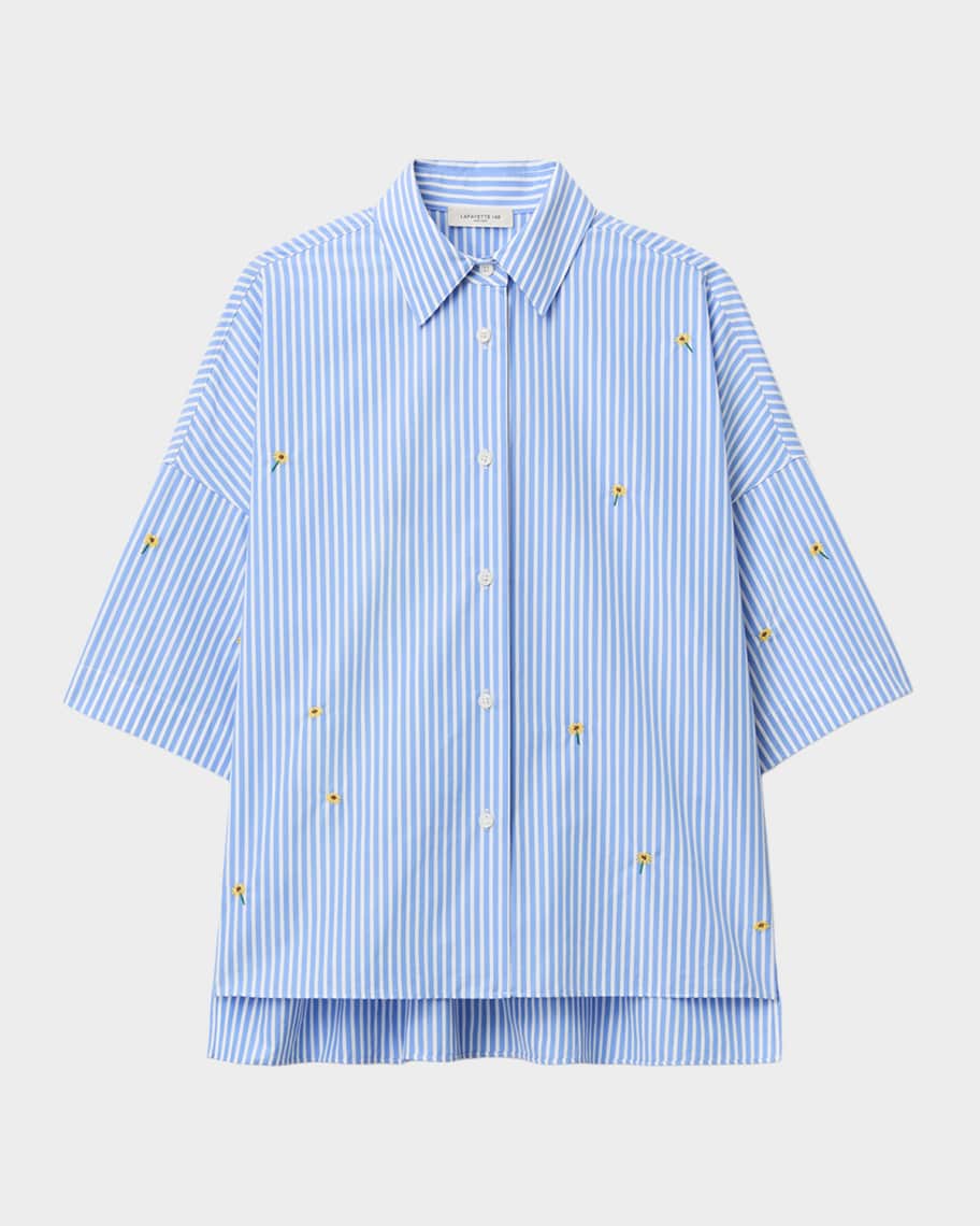 Lafayette 148 New York Striped Floral-Embroidered Cotton Shirt