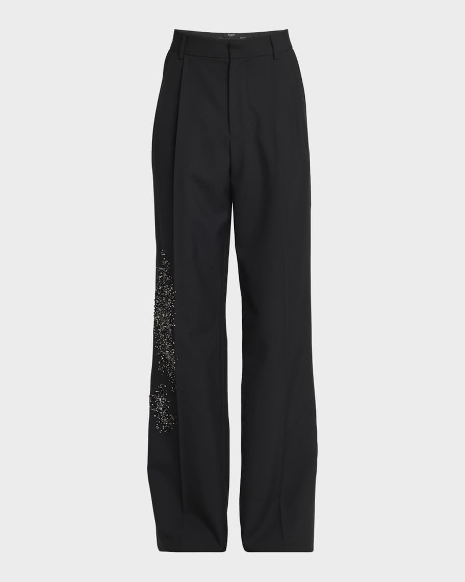Balmain Men's Crystal-Embellished Wool Straight Leg Pleated Pants